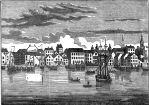 Drawing or etching of quiet river port with many boats and many three-story buildings along water's edge