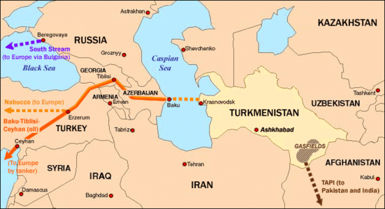 حقل غاز يولوتن-عثمان في جنوب شرق تركمانستان، وخطوط أنابيب مقترحة لتصديره.
