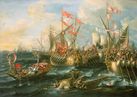 معركة أكتيوم وكانت تلك المعركة الحاسمة في مسرح العمليات البحرية. وتُظهـِر هروب كليوپاترا في قارب رباعي المجاديف. بريشة لورنزو أ كاسترو، عام 1672.