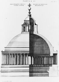 Engraved image in two parts. The left side shows the exterior of the dome, and the right side shows a cross-section. The dome is constructed of a single shell, surrounded at its base by a continuous colonnade and surmounted by a temple-like lantern with a ball and cross on top.