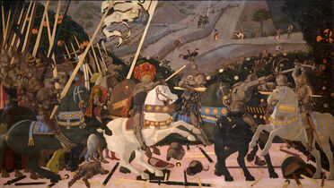 Niccolò Mauruzi da Tolentino at the Battle of San Romano (probably 1438–1440ح. 1438–1440), egg tempera with walnut oil and linseed oil on poplar, 182 × 320 cm, National Gallery, London.[1]