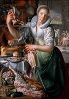 A Kitchenmaid, in the background Jesus in the house of Mary and Martha, 1620–25. Close to works by Pieter Aertsen, 103 x 72 cm