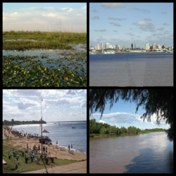 Clockwise from top: Iberá Wetlands, Corrientes City, Playa Pelicano in Paso de la Patria, نهر پارانا.
