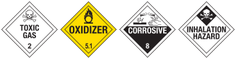 4 diagonal placards with warnings, poison, corrosive, inhalant, oxidant