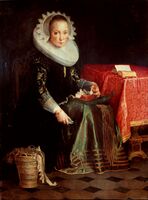 His daughter Eva Wtewael (1607-1635), 1628, shown needleworking, not typical for a portrait of a wealthy woman