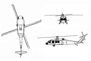 Orthographically projected diagram of the UH-60A Black Hawk