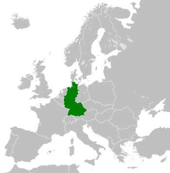 Territory of West Germany (dark green) and the associated territory of West Berlin (light green) from the accession of the Saar on 1 January 1957 to German reunification on 3 October 1990