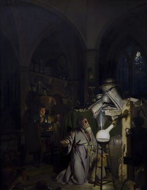 a man kneels in one corner of a darkened room, before a glowing flask; some assistants are further behind him and discernible in the dark