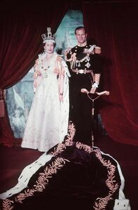 The coronation portrait of Elizabeth II and Philip, Duke of Edinburgh (1953) has three different shades of purple in the train, curtains and crown.