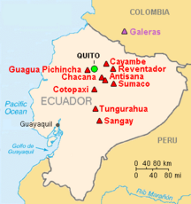 Map showing volcanoes in Ecuador