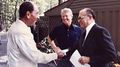 Israeli prime minister Menachem Begin and Egyptian president Anwar Sadat with U.S. president Jimmy Carter at Camp David in 1978.