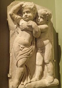 Fragment of a marble sarcophagus depicting two drunken boys from a Bacchic revel, made in Athens 140–150 CE
