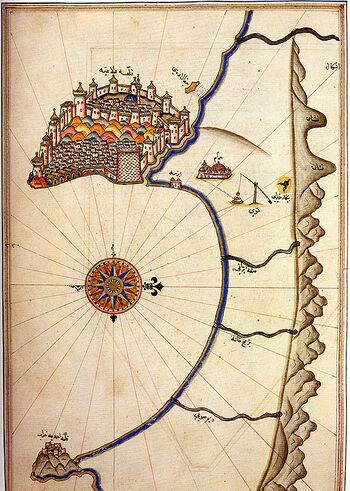 Piri Reis map of Alanya from 1525, shortly after the beylik was incorporated into the Ottoman Empire.