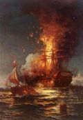 حرق الفرقاطة فيلادلفيا قبالة ميناء طرابلس، في 16 فبراير 1804، بريشة إدوارد موران، رسمها في 1897،