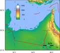 خريطة طبوغرافية للإمارات العربية؛ لاحظ الحدود والتي وفقاً لهذه الخريطة تمس قطر.
