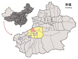 Location of Wensu County (red) within Aksu Prefecture (yellow) and Xinjiang