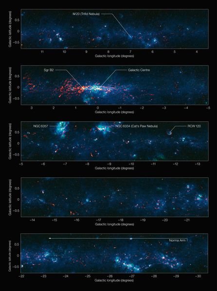 ملف:View of the Galactic Plane from the ATLASGAL survey (annotated and in five sections).jpg