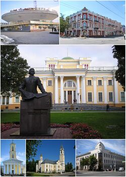 Top: Hemiel State Circus Arena (left) and Gomel State Post Office heritage building (right) Center: Rumyantsev-Paskevich Palace and statue of Nikolay Rumyantsev Bottom: Saint Peters and Pavel Orthodox Church, Homel Nativity of Virgin Mary Church, and Gomel City Council (left to right)
