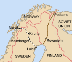 Drawing shows the Allies had two roads to Finland; through Petsamo or through Narvik, Norway.