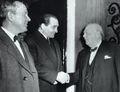 THE EUROPEAN LEADERS The end of World War II and the emergence of the Cold War posed the delicate issue of European economic and military integration. Here the British prime minister, Winston Churchill, and his French counterpart, Pierre Mendès France, were photographed in 1954 after discussions about a European defense treaty.