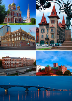 Top upper left:Holy Trinity Cathedral in Saratov Museum Square, Top lower left:Saratov Administration Office, Top right:Saratov Conservatory, Middle left:Saratovskaya Orthodox Theological Seminary, Middle right:Schmidt Mill, Bottom:A twilight view of Saratov Engels Bridge and Volga River