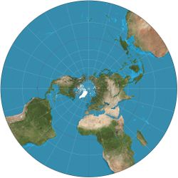 Stereographic projection of the world north of 30°S. 15° graticule.