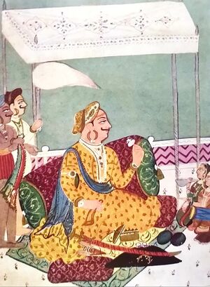 A color painting of a mustached an turbaned, seated under a canopy, surrounded by soldiers and musicians