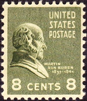 Postage stamp with the image of a bust of a balding man in profile and facing right