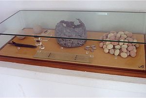 a glass display case containing stones and a pot