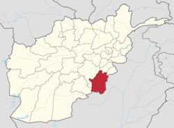 خريطة أفغانستان موضح عليها موقع ولاية پكتيكا.