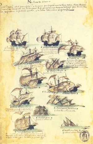 Pen and ink sketch depicting various sailing ships, some of which are in the process of foundering