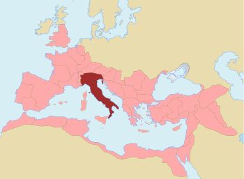 Roman Empire at its greatest extent 117 ADح. 117 AD, with Italy in red and provinces in pink.