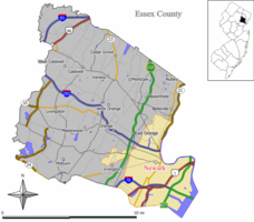 Map of Newark in Essex County. Inset: Location of Essex County highlighted in the State of New Jersey.