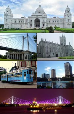 مع عقارب الساعة من أعلى: Victoria Memorial, St. Paul's Cathedral, central business district, Howrah Bridge, city tram line, Vidyasagar Bridge