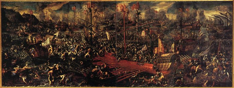 معركة لپانتو بريشة أندريا ڤيچنتينو (ح. 1600، قصر الدوگه، البندقية)