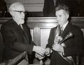 Ceaușescu receiving the presidential sceptre from the Chairman of the Great National Assembly (1974)
