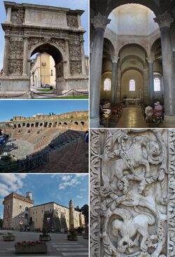 Main landmarks in Benevento. Clockwise from the upper left: the Arch of Trajan, the church of Santa Sofia, the Cathedral's main portal, the castle and the Roman theatre