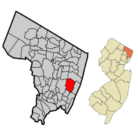 Map highlighting Englewood's location within Bergen County. Inset: Bergen County's location within New Jersey
