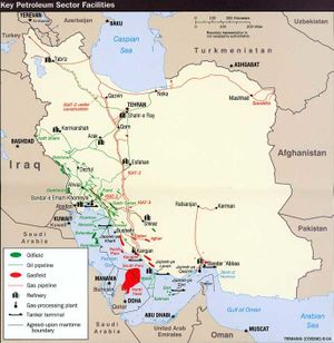 مرافق النفط والغاز الإيرانية، ويظهر حقل جنوب فارس للغاز بالأحمر.