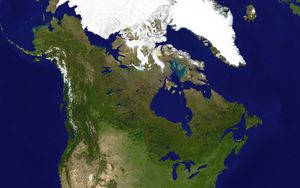 Forests prevail on the rocky Canadian Shield. Ice and tundra are prominent in the Arctic. Glaciers are visible in the Canadian Rockies and Coast Mountains. The interior is mostly flat prairies. The Great Lakes feed the Saint Lawrence River in the southeast lowlands