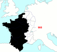 Time-evolving map showing colored regions of French conquest over the years