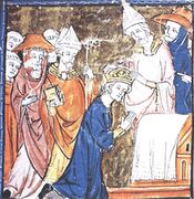 A medieval depiction of the coronation of the Emperor Charlemagne in 800 AD wearing royal blue. The bishops and cardinals wear Tyrian purple, and the Pope wears white.