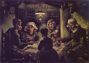 Two men and three women eating potatoes.
