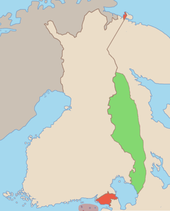 التغييرات الإقليمية المتوقعة للجمهورية الشعبية. الأخضر يوضح المنطقة التي كان من المزمع اعطاءها للجمهورية الديمقراطية الفنلندية، والمنطقة الحمراء من فنلندا إلى الاتحاد السوڤيتي.