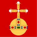 In the flag of Uppsala, the globe of the globus cruciger is stylized as a T-and-O map,