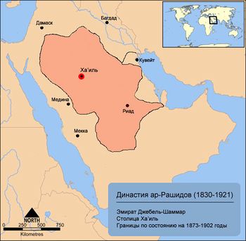الحدود التقريبية لإمارة جبل شمر في مطلع القرن العشرين