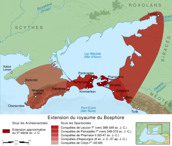 خريطة توضح التطور المبكر للمملكة البسفور، قبل أن يضمها مثريداتس السادس من پونتوس.