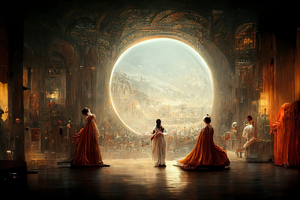 A detailed oil painting of figures in a futuristic opera scene