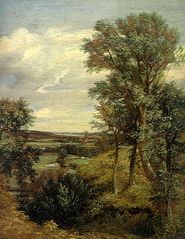 Dedham Vale (1802) by John Constable. The paintings of Constable romanticized the vivid green landscapes of England