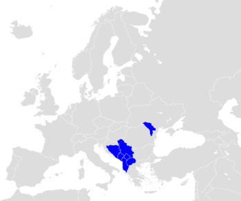Map of Europe (grey) indicating the members of CEFTA (blue).